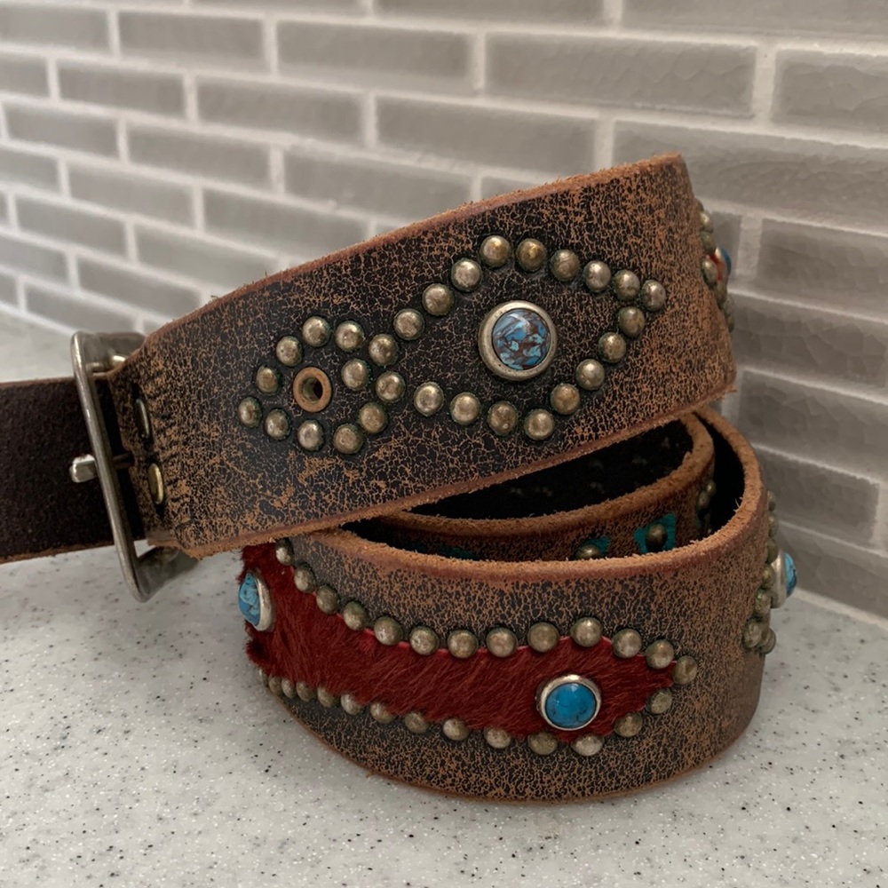 Leather Studded Turquoise and Brown Red Cowhide Western belt Baltazar Medium